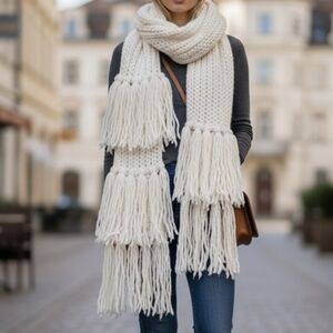 Oversized Aerie Cream Fringe Knit Scarf